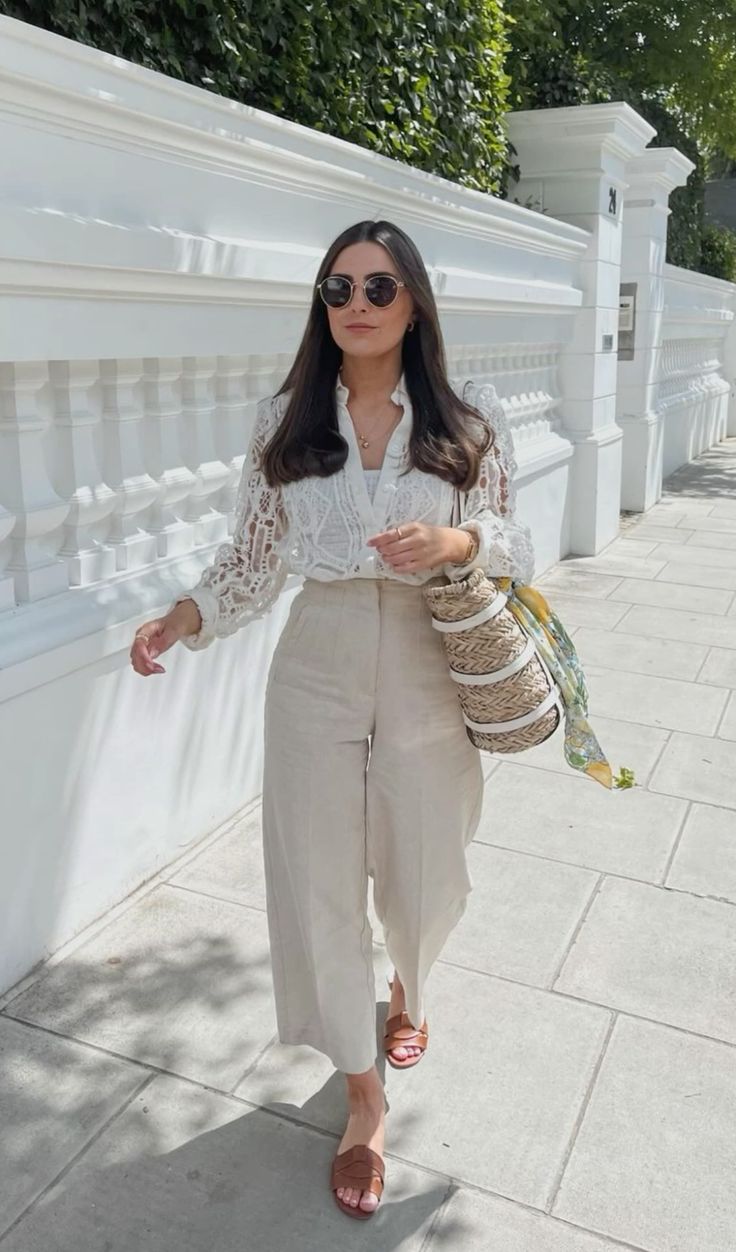 White Lace Top and Beige Wide-Leg Pants